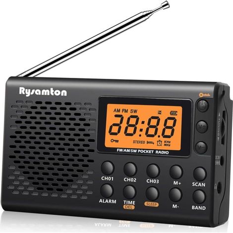 (noir) Tragbares Am/fm/kurzwellen-radio, Batteriebetriebene Taschenradios, Großes Digitales Display, Radiowecker Mit Alarm- Und Schlummerfunktion, Inklusive Kopfhörer