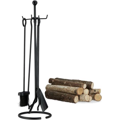 Kaminbesteck-set, 5-teilig, Zubehör Aus Stahl, Besen, Schürhaken, Zange, P, Schwarz