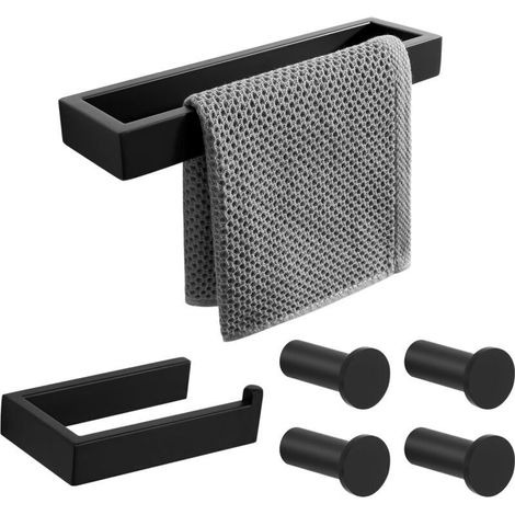 6-teiliges Badezimmer-zubehörset, 26 Cm Handtuchhalter, 15 Cm Toilettenpapierhalter Und 4 Wandhaken, Mattschwarz, Sus304 Edelstahl, Egkn2210-260-set-6-b