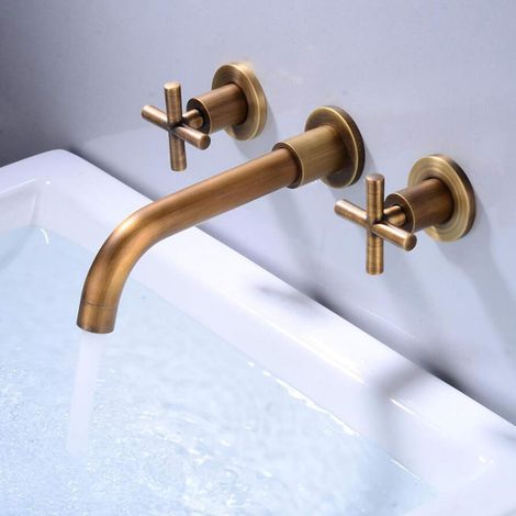 Antiker Schwarzer Messing-waschbeckenmischer Mit Doppeltem Wandgriff, Verchromter Warm- Und Kaltwasser Bassinarmatur, Goldener Wasserhahn, Waschbeckensmischer