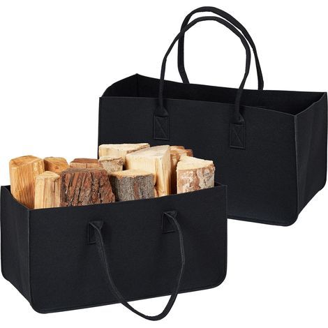 2er-set Schwarze Filztaschen Für Einkäufe, Kaminholz, Zeitungskorb, Aufbewahrungstasche Für Brennholz, 28 Liter, Mit Henkeln, Schwarz