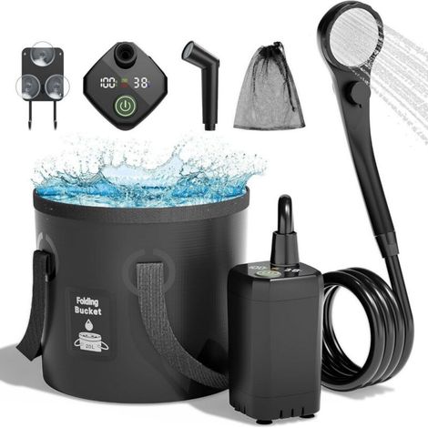 Verbessertes Tragbares Camping-duschset, 6000 Mah Aufladbare Pumpe Mit Intelligentem Display, Multi-modus-sprühkopf, 5-gang-wassereimer