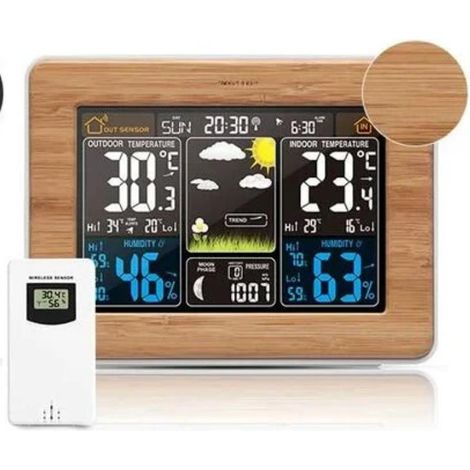 Farbige Digitale Wetterstation Mit Anzeige Von Temperatur, Luftfeuchtigkeit, Barometer, Kalender Und Uhr – Multifunktionale Wetteruhr (bambusoberfläche)