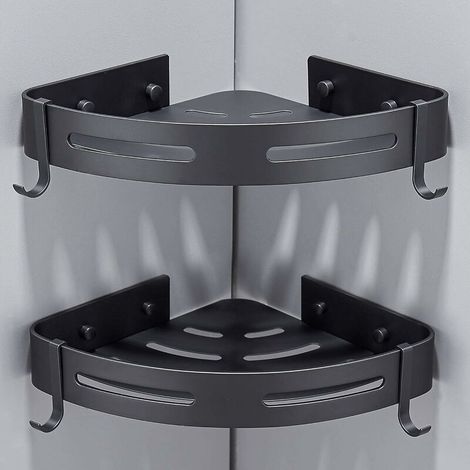 2er-set Eck-duschregal Ohne Bohren, Badezimmer-aufbewahrung, Duschzubehör, Halterung Für Seife, Rostfreies Aluminium Mit Haken, Schwarz