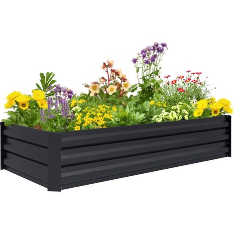 Rechteckige Gartenpflanzwanne, Blumenkasten Aus Stahl Mit Sicherheitsrand Und Offenem Boden, Schwarz