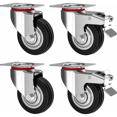 Set Aus 4 Schwenkbaren Rollen, 100 Mm, Mit Bremse – Möbelrollen Für Bis Zu 70 Kg Pro Rolle – Schwerlast – Gummi Für Innen- Und Außenbereich – Liaiki