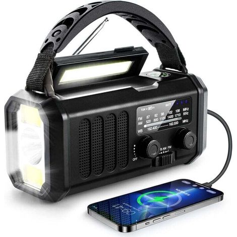 Notfall-solarradio Mit Kurbel, 10.000 Mah Powerbank, Wetterdurchsagen, Beleuchtung Und Sos-alarm, Geeignet Für Notsituationen, Schwarz