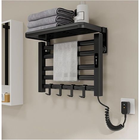 Wandmontierter Handtuchtrockner Mit Oberem Regal, 95 W, Integrierter Timer Von 1 Bis 9 Stunden, Temperatureinstellung, Steckbar, Schwarz
