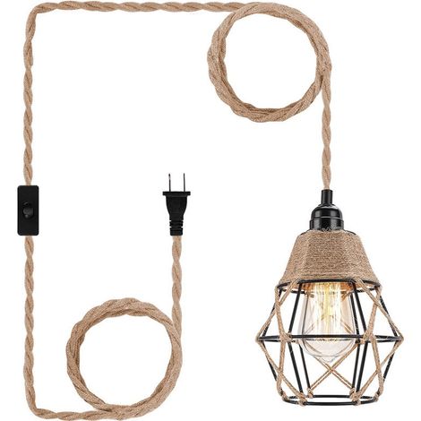 Hängeleuchte Aus Rattan Mit Stecker Und 4,5 M Kabel, Vintage-lampenschirm Mit Hanfseil E27 Für Küche, Balkon, Flur