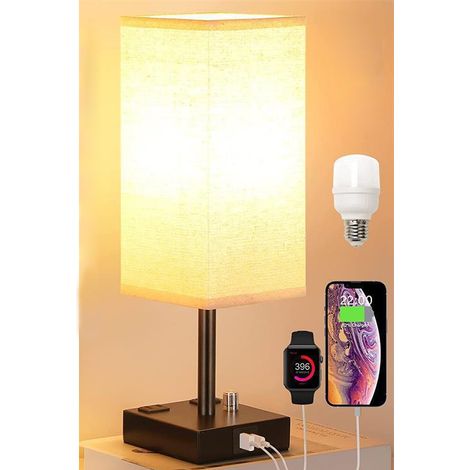 Taktile Nachttischlampe Mit 2 Usb-ladeanschlüssen, 3-stufig Dimmbar, Stofflampenschirm Auf Eisenkunst-basis, Tischlampe Für Wohnzimmer, Schlafzimmer Und Hotel (glühbirne Enthalten) [energieeffizienzkl