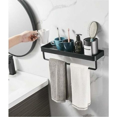 Handtuchhalter, Quadratisches Regal Badezimmer Ablage Mit Handtuch Und Wandmontierter Schiene, Aus Massivem Aluminiumlegierung, Matt Schwarz Finish, Schwarz, 40cm-liaiki