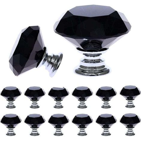 Set Aus 12 Schwarzen Kristall-griffen (30 Mm) Mit Skalen, Für Türen, Schubladen, Küche, Büro, Schlafzimmer Und Schränke.