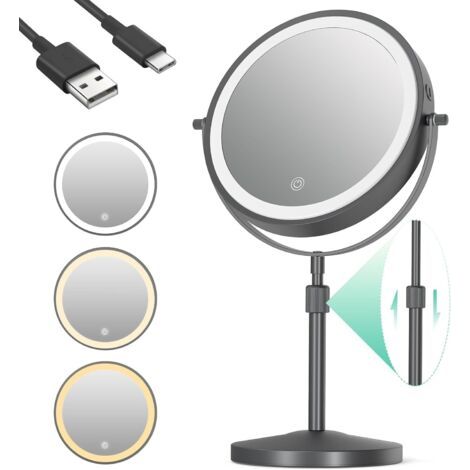 Beleuchteter Vergrößerungsspiegel X10, Beleuchteter Schminkspiegel Mit Höhenverstellbarem Standfuß, Runder 360° Drehbarer Tischspiegel Mit Beleuchtung, 3 Lichtfarben, Schwarz