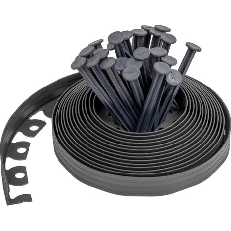 Gartenrand Aus Kunststoff, 10 Meter Mit 30 Erdankern, Flexibler Rasenrand, Stabile Rasenkante Mit Pfählen, Gartenidee, Höhe 50 Mm, Stärke 3 Mm, Schwarz
