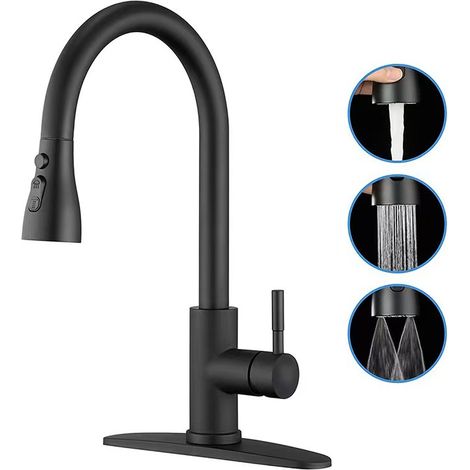 Schwarze Küchenarmatur Mit Hohem Auszug, Inklusive Basis Und Integriertem Schlauch. Ausziehbare Und Teleskopische Küchenspülenarmatur.