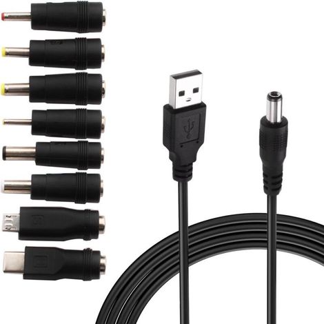 Usb-auf-dc-kabel, 5v Dc-stromversorgungskabel, 8-in-1 Dc-netzteiladapter 5,5 X 2,1 Mm Dc-hohlstecker Für Laptop, Router Usw. (1 M, Schwarz)