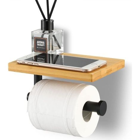 Toilettenpapierhalter Mit Bambusregal, Badezimmer Rollenhalter Aus Edelstahl Sus304, Wandhalterung In Mattschwarz, Version Zum Bohren