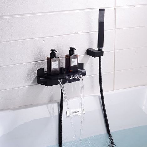 Schwarze Kupfer-wannenarmatur, Wandmontage, Kaskaden-wasserhahn, Warm- Und Kaltwasser-duschkopf, 1 Stück