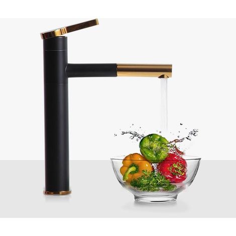 Drehbarer Wasserhahn + Griff Oder Für Badezimmer, Eleganter Waschtischwasserhahn, Schwarz Gold, Hohe Version