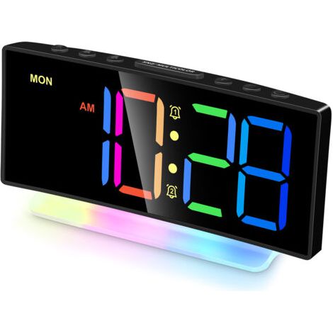Gebogener Digitaler Led-wecker Mit Rgb-beleuchtung, Doppelalarm, 12/24-stunden-format, Einstellbare Helligkeit (adapter Nicht Enthalten)