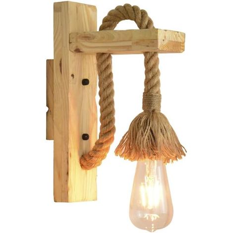 Vintage Industrielle Wandleuchte, Rustikale Holzwandleuchte, Lampenschirm Aus Schwarzem Metallkäfig, Hängende Hanfseil-wandleuchte Für Schlafzimmer Und Wohnzimmer (ohne Glühbirne)