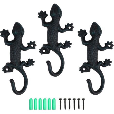 3-teiliger Wandgarderobe Mit Eidechsenmotiv, Vintage Wandhaken Mit Schrauben, Rustikaler Haken Zum Aufhängen Von Kleidung, Schlüsseln, Hüten Und Taschen, Schwarz