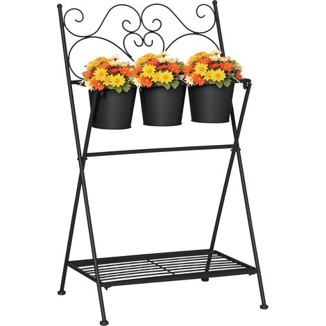 Klappbarer Metall-pflanzenständer Mit 3 Töpfen Und Unterem Regal Für Haus Und Garten, 47 X 37 X 78,5 Cm, Schwarz