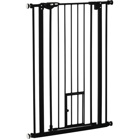 Sicherheitstor Für Haustiere, 104 Cm Hoch, Mit Katzendurchlass, Automatischer Schließmechanismus Und Doppelverriegelung, Ohne Bohren, Verstellbar Von 74 Bis 80 Cm, Aus Schwarzem Stahl