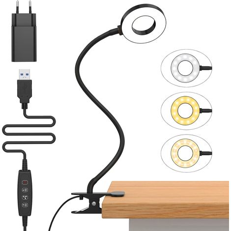 Klemm-tischlampe 10 W Mit Usb-adapter [3 Lichtmodi Und 10 Helligkeitsstufen] Flexible Klemme-leselampe (360°), 50 Cm
