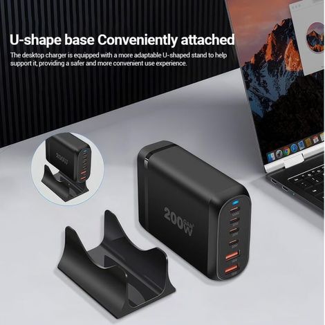 Usb-c-ladegerät, 200-w-schnellladestation Mit 6 Anschlüssen (4x Usb-c + 2x Usb-a), Tragbare Mehrportige Wandladehub Für Iphone 16 15 14 13 12, Ipad Pro, Macbook, Samsung Galaxy, Pixel, Switch