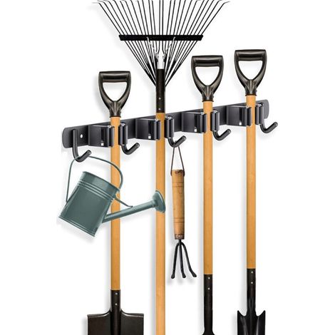 Set Aus 2 Wandhalterungen Für Besen – 4 Halter Und 5 Haken – Aus Edelstahl – Robust – Für Haus, Küche, Garten, Waschküche (schwarz)