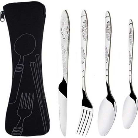 4-teiliges Camping-besteck-set, Tragbares Besteck-set Aus Edelstahl Mit Neopren-tasche, Ideal Für Reisen Und Camping (schwarz)