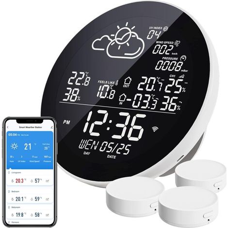 Wlan-wetterstation, Kabelloses Innen- Und Außenthermometer Mit 3 Externen Sensoren, Mit Lcd-bildschirm