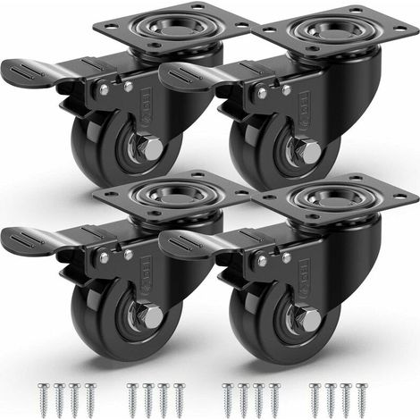 4 Schwenkbare Rollen Für Möbel Mit Bremse + Schrauben - 50 Mm Bis 200 Kg - Bodenschonende Schwerlastrollen - Gummiräder Für Wagen - Schwarz