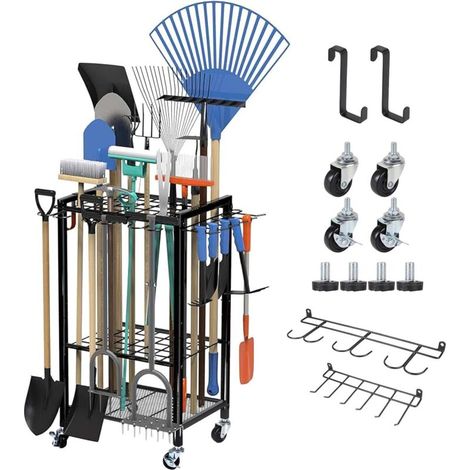 Gartenwerkzeug-organizer Mit Rollen, Metall-aufbewahrungsständer Für Gartenwerkzeuge 80×40×32 Cm, Werkzeughalter Für Den Garten, Fasst 50 Werkzeuge, Für Garage, Rasen Und Schuppen