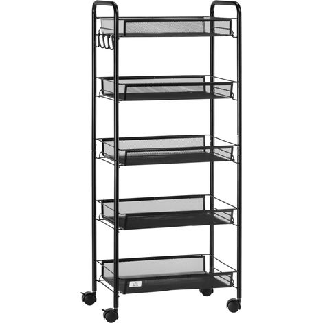 5-stufiger Nutzwagen Mit Rollen, Abnehmbaren Netzkörben Und Stahlrahmen, 45 X 26,5 X 106 Cm, Schwarz