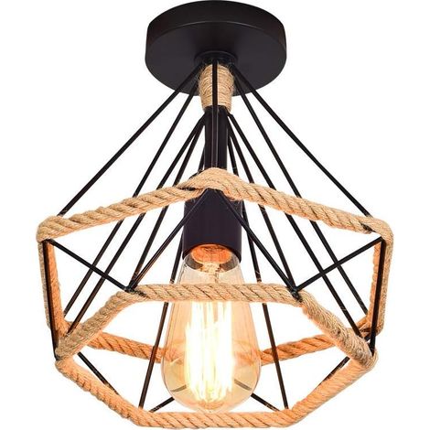 Retro Vintage Deckenleuchte, Industrielle Deckenlampe Mit Diamantförmigem Metallkäfig Und Hanfseil, Eisen-hängeleuchte Für Wohnzimmer, Schlafzimmer Und Hausdekoration, 25 Cm