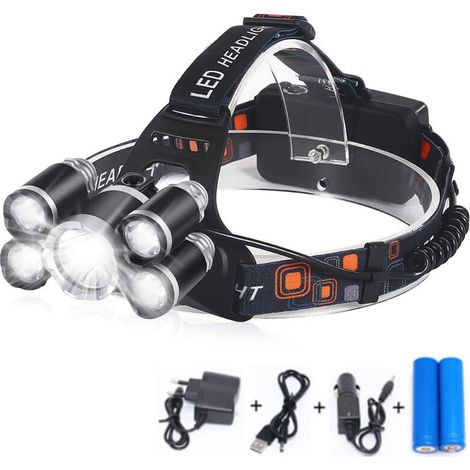 Wiederaufladbare Stirnlampe - 12000lm Starke Beleuchtung, Ultra Usb-wiederaufladbar, 5 Leds, 4 Lichtmodi, Ipx4, 2 X 18650 Für Camping, Jagd, Angeln, Klettern, Wandern