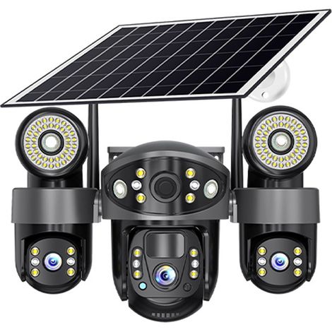 Solarbetriebene Wifi-überwachungskamera Qd7 Mit Dreifachem Objektiv, 6 Mp – 3 Gleichzeitige Ansichten, Ptz 355°, Farb-/ir-nachtsicht, Bewegungserkennung, Zwei-wege-audio, Wasserdicht, Autarke Solarene