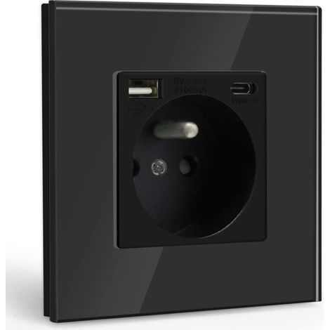 Steckdose Mit Usb Und Typ-c-anschluss, Schwarz, Wechselstrom Mit Kristallglasplatte, Wandsteckdose Mit Usb (max. 2,1 A), Geeignet Für Smartphone Und Tablet