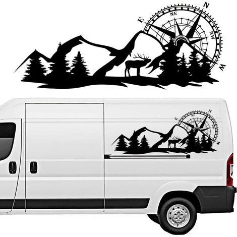 1 Paar Wohnmobil-aufkleber, Seitliche Fahrzeugkarosserie-aufkleber Mit Berg-, Kompass- Und Hirschmotiven, Schwarze Pvc-karosserieaufkleber