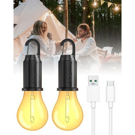 Wiederaufladbare Campinglampe, Wiederaufladbare Usb-campinglaterne Mit Glühbirne, Einstellbare Helligkeit In 3 Modi, Tragbare Led-wiederaufladlampe Für Camping, Wandern, Garten, Notlicht [2 Stück]