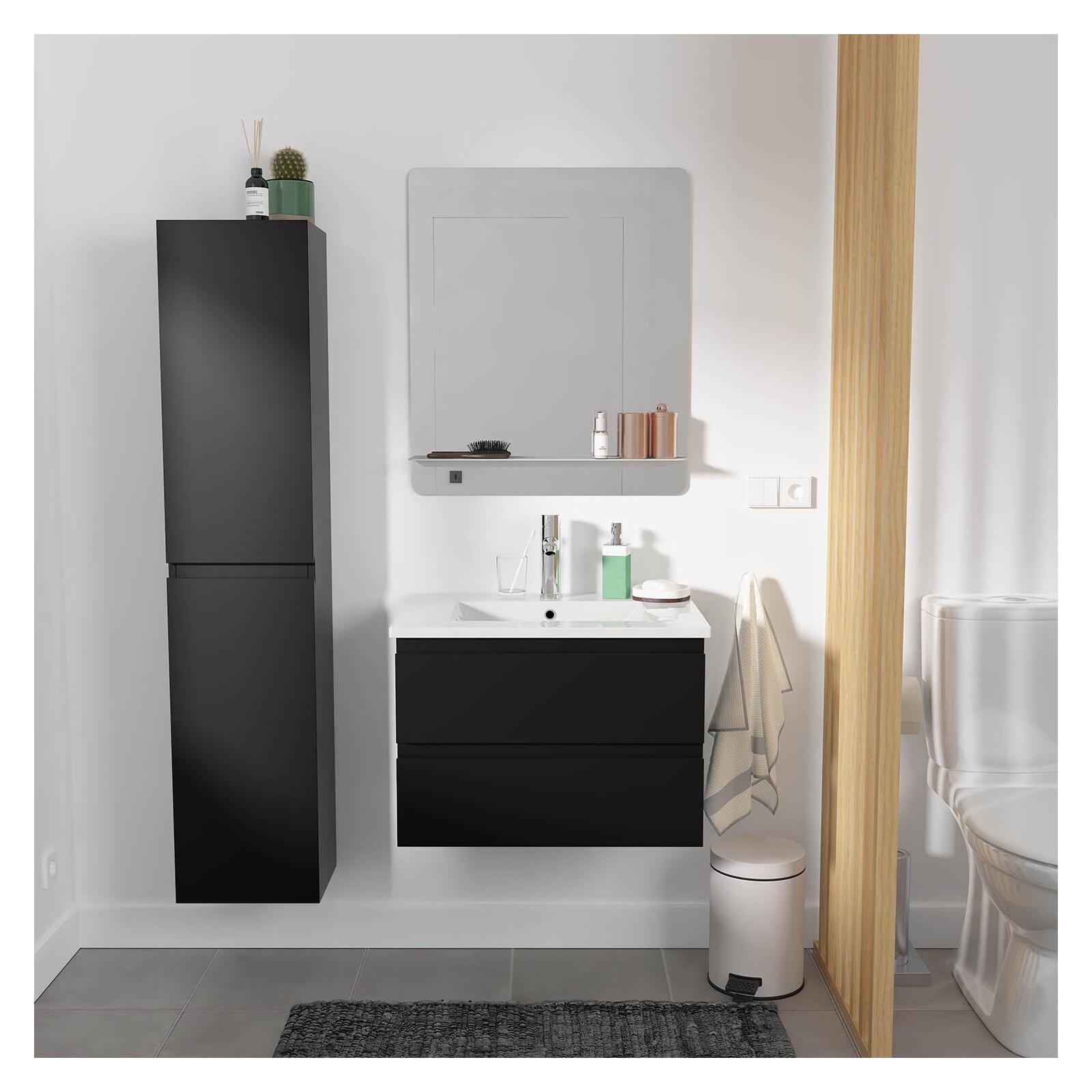 Meuble Simple Vasque 60cm Avec Vasque, Miroir Et Colonne Sorrento Noir