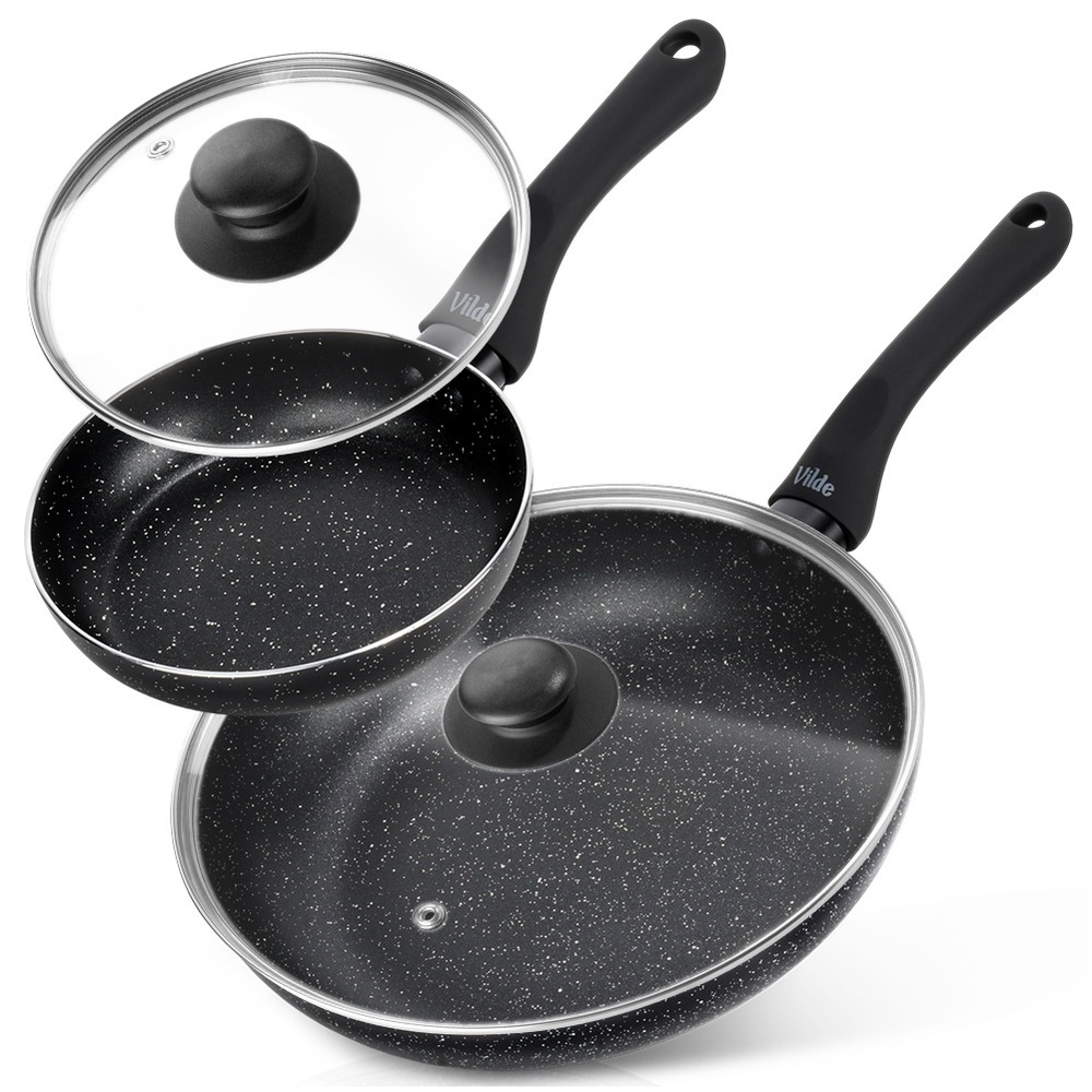 Set Aus Granit-bratpfannen Mit Glasdeckeln, Schwarzer Rand, 16/26 Cm, 2 Stück.