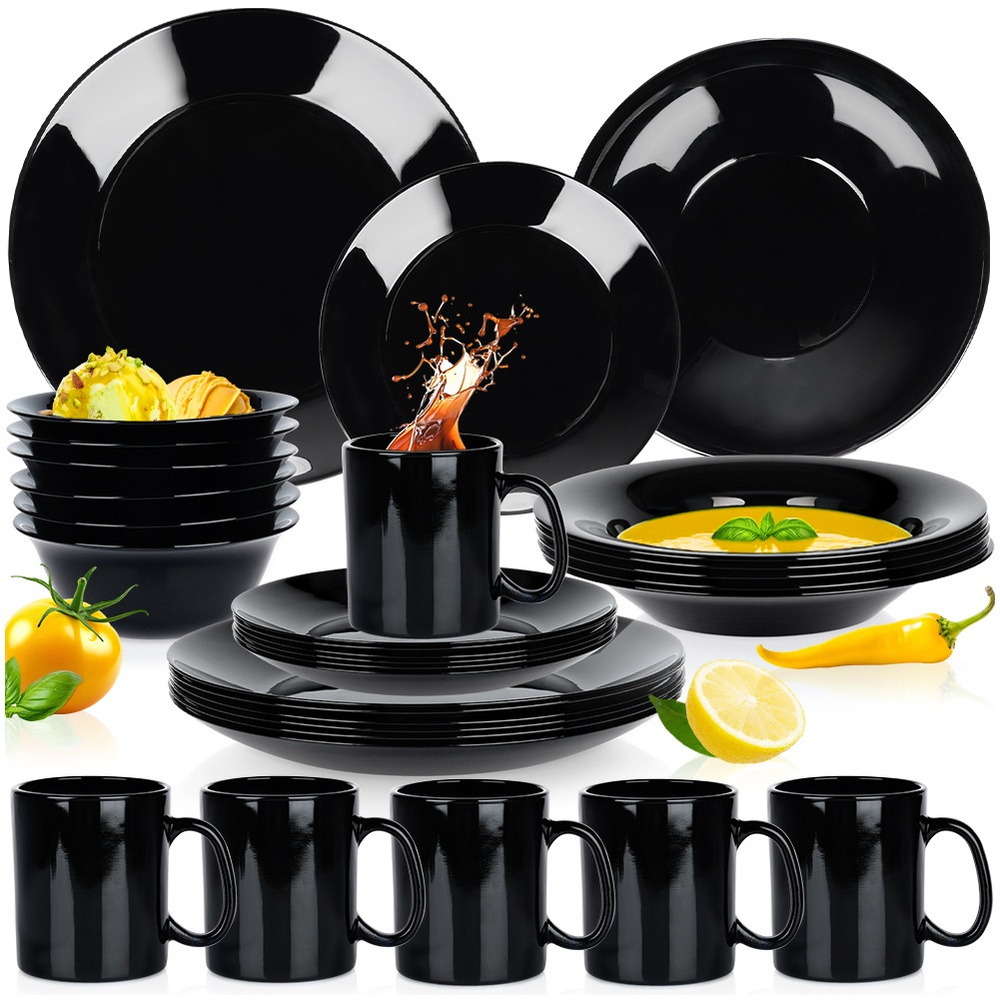 Schwarzes Glas-essservice, 30-teilig.