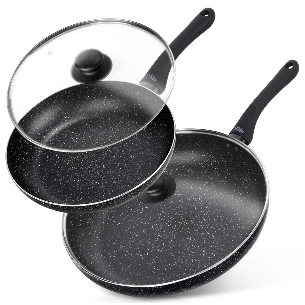 Set Aus Granit-bratpfannen Mit Glasdeckeln, Schwarzer Rand, 24/32 Cm, 2 Stück.