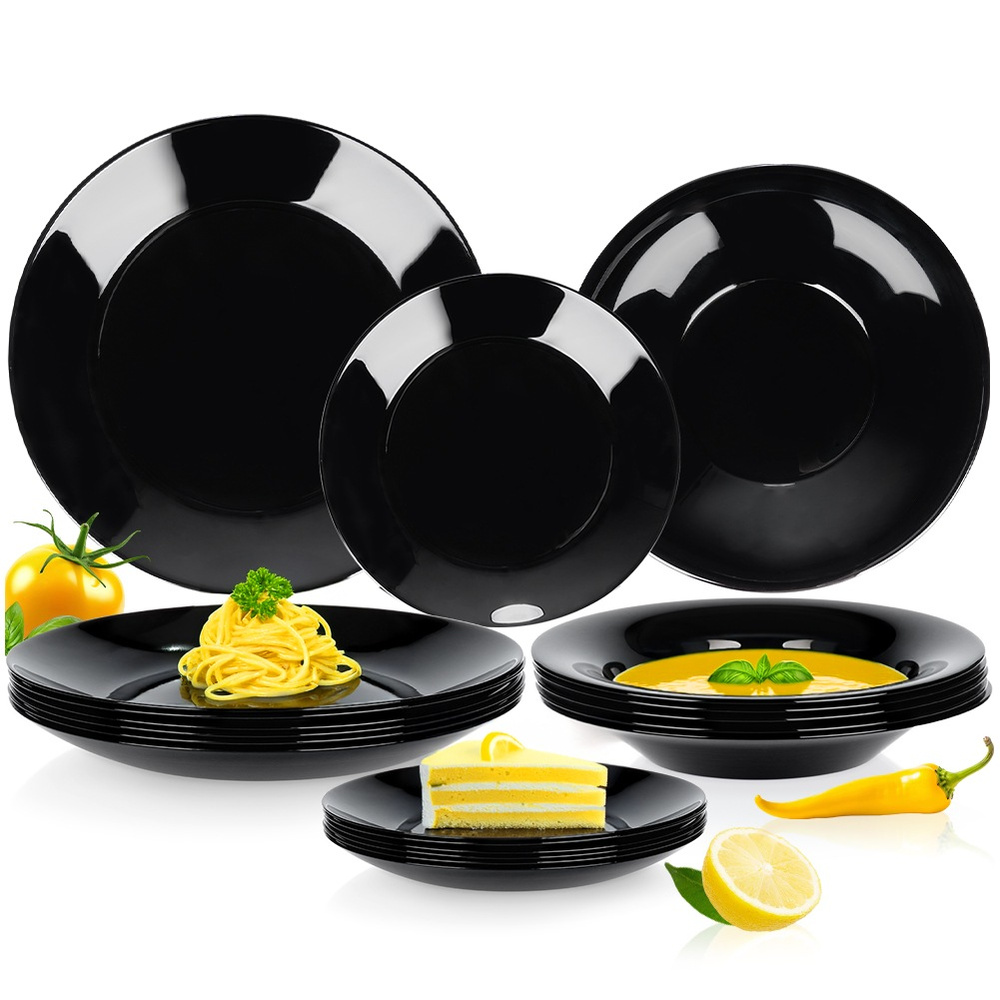 Schwarzes Glas-tafelservice, 18-teilig.