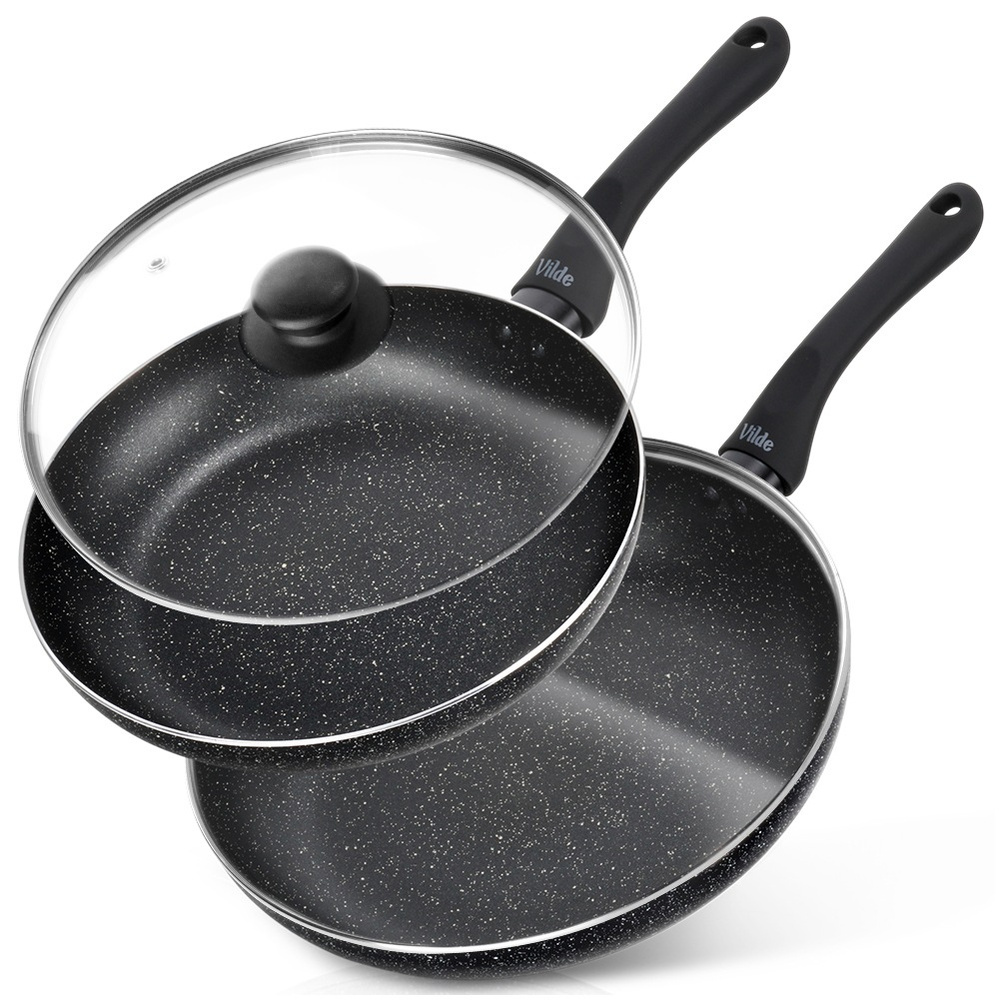 Set Aus Granit-bratpfannen Mit Glasdeckeln, Schwarzer Rand, 24/28 Cm, 2 Stück.