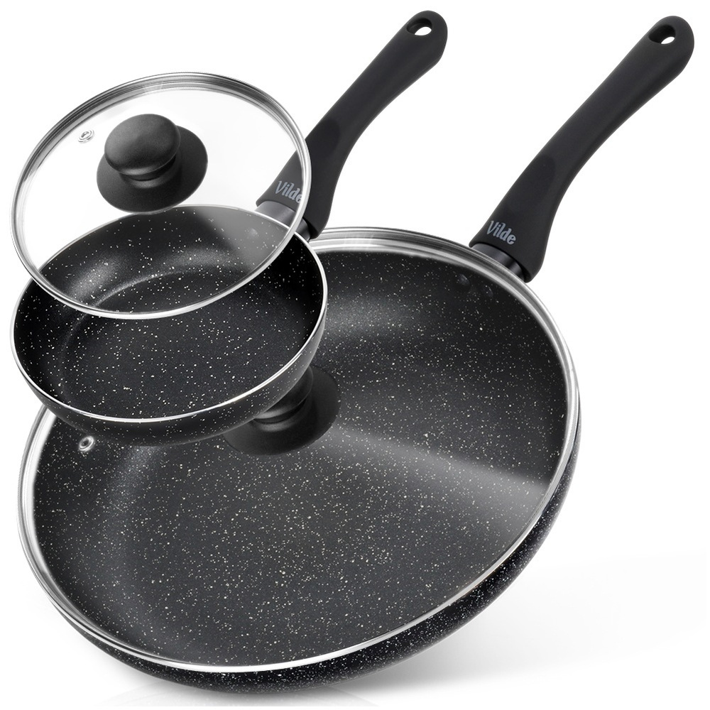 Set Aus Granit-bratpfannen Mit Glasdeckeln, Schwarzer Rand, 16/28 Cm, 2 Stück.