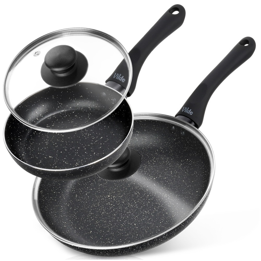 Set Aus Granit-bratpfannen Mit Glasdeckeln, Schwarze Linie, 16/24 Cm, 2 Stück.